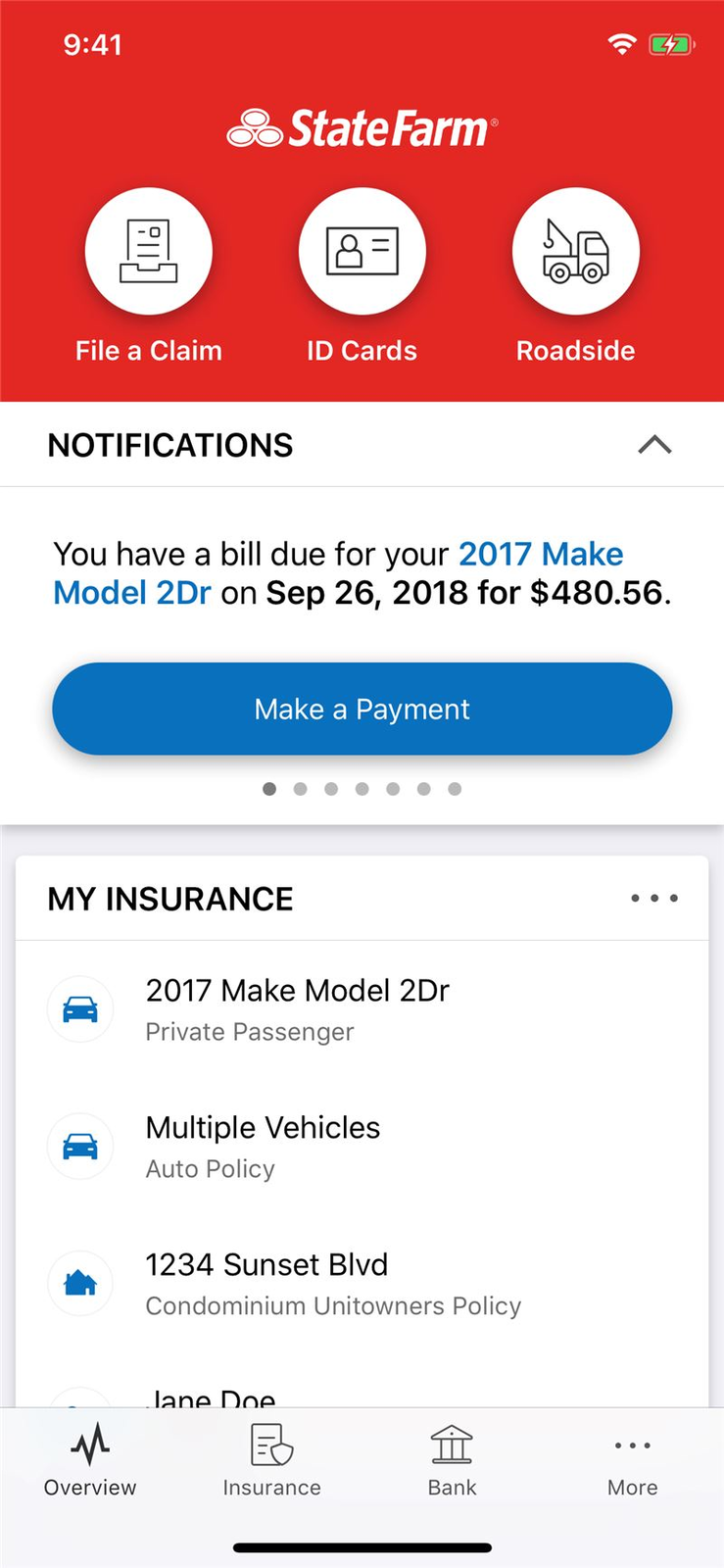 State Farm mobile app auto insurance screen